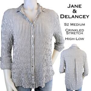 Jane & Delancey Button Down Top Large Gray White Stripe Roll Tab Sleeve Crinkle
